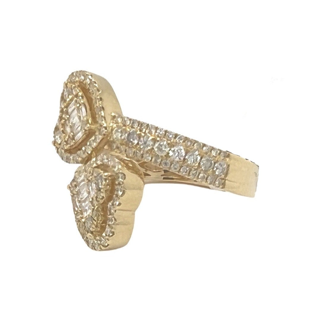 14K Yellow Gold 18MM Designer Dual Heart Top Baguette Diamond Ring 1.08 CT
