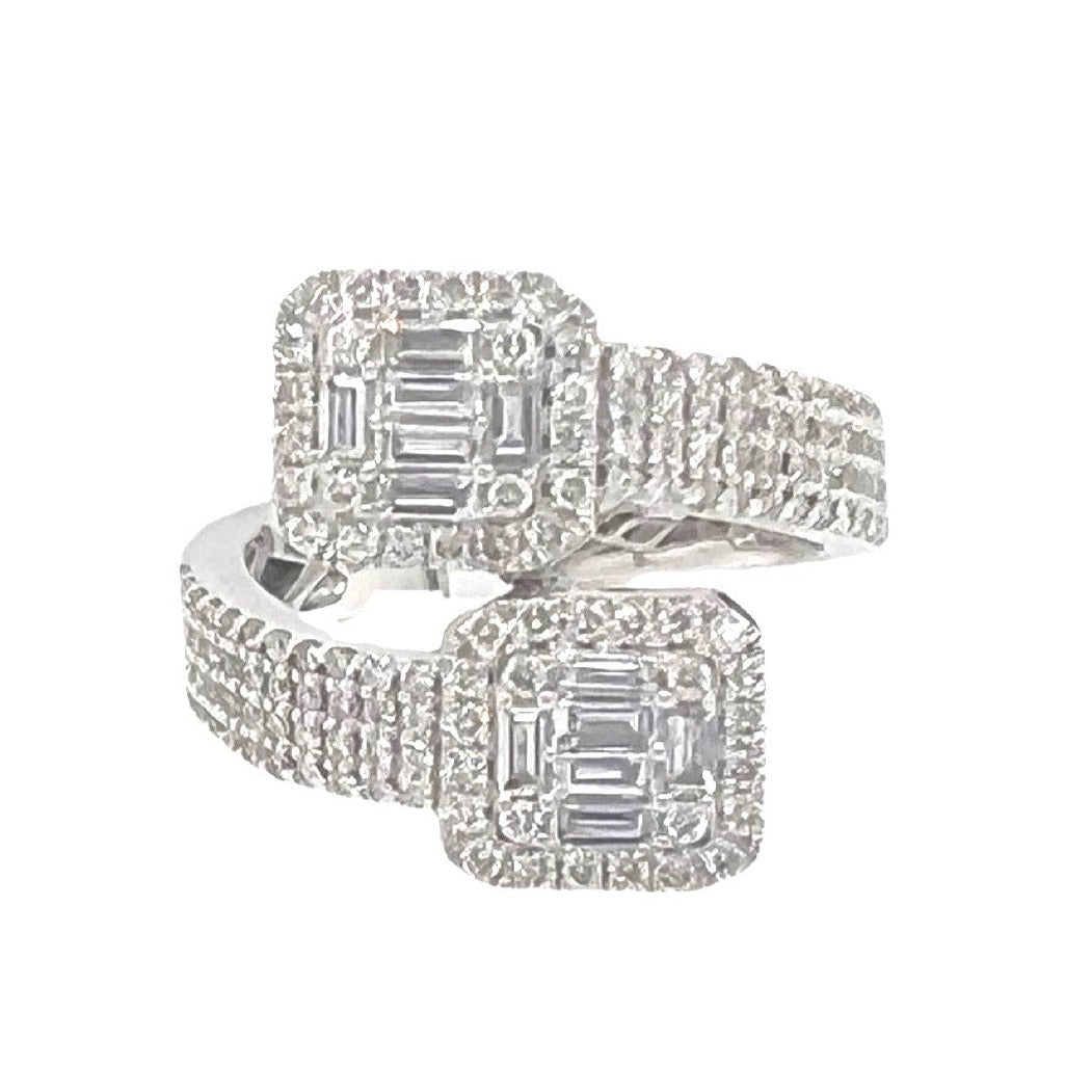 14K White Gold 17MM Designer Dual Square Top Baguette Diamond Ring 1.0 CT