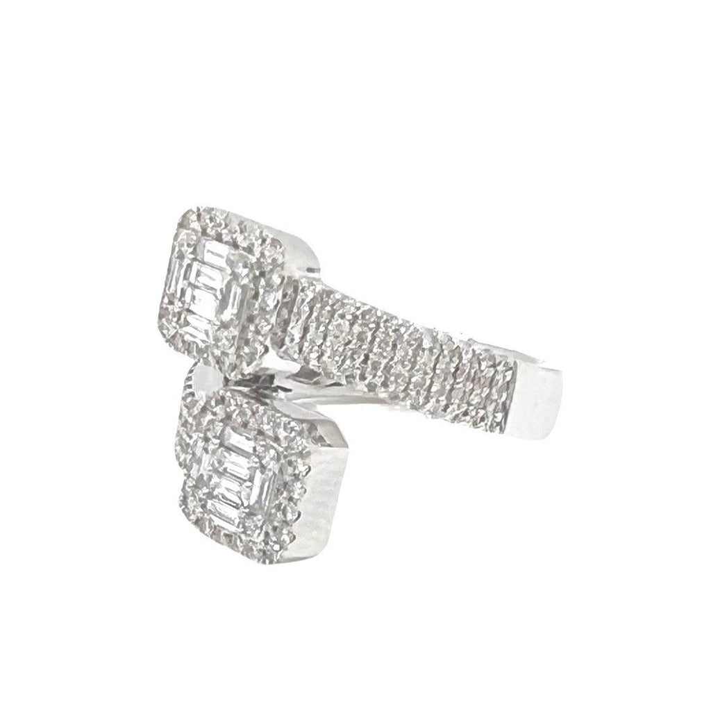 14K White Gold 17MM Designer Dual Square Top Baguette Diamond Ring 1.0 CT