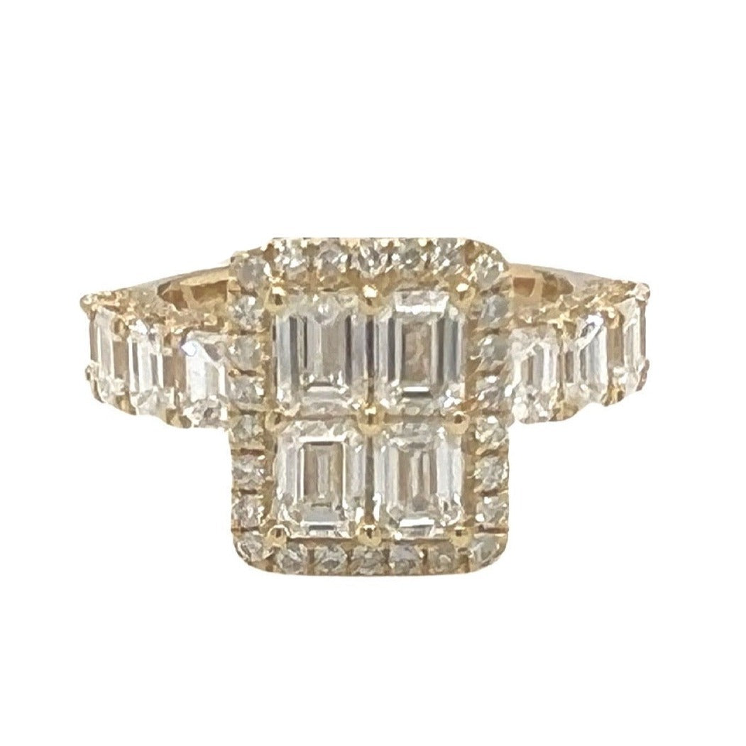 14K Yellow Gold 3D Quad Emerald 13MM Engagement VS Diamond Ring 4.0 CT