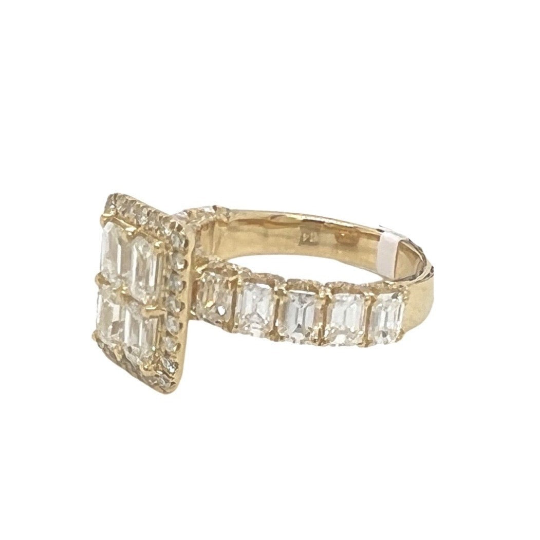 14K Yellow Gold 3D Quad Emerald 13MM Engagement VS Diamond Ring 4.0 CT