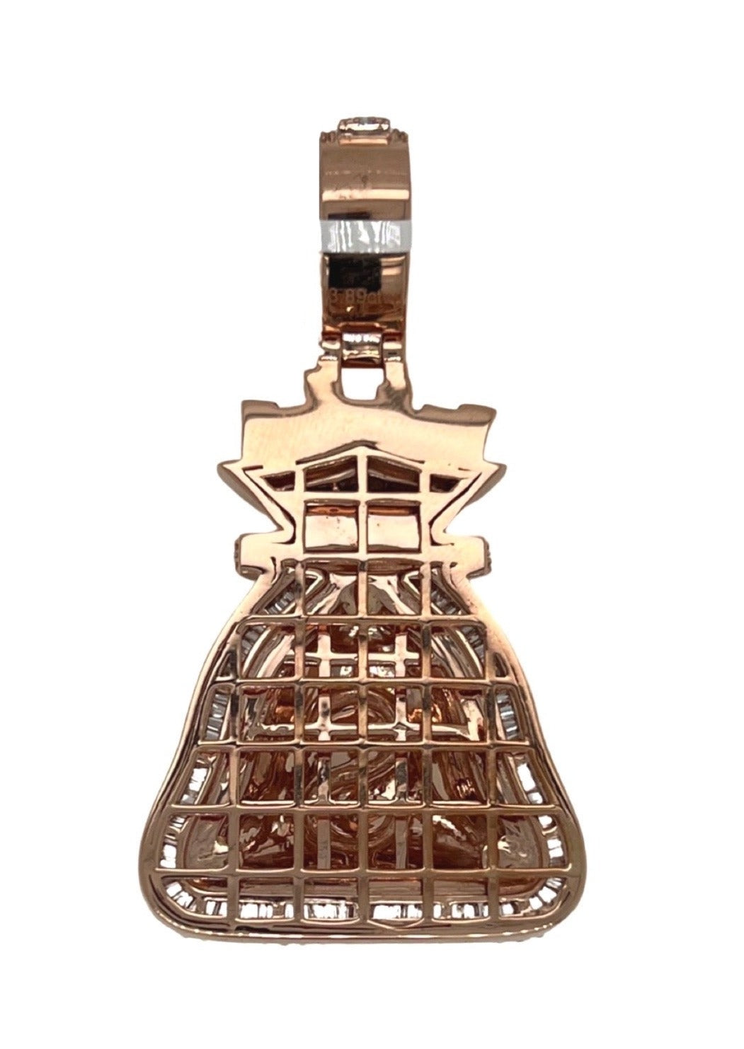 10K Rose Gold Moneybag $ Sign Baguette VS Diamond Pendant 3.9 CT 2.2"