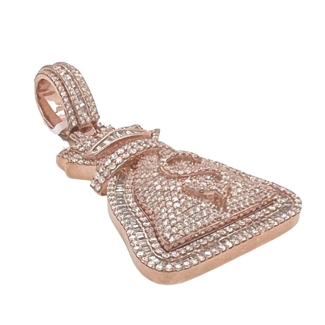 10K Rose Gold Moneybag $ Sign Baguette VS Diamond Pendant 3.9 CT 2.2"