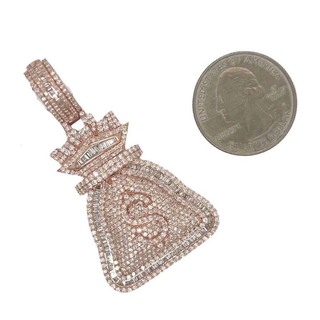 10K Rose Gold Moneybag $ Sign Baguette VS Diamond Pendant 3.9 CT 2.2"