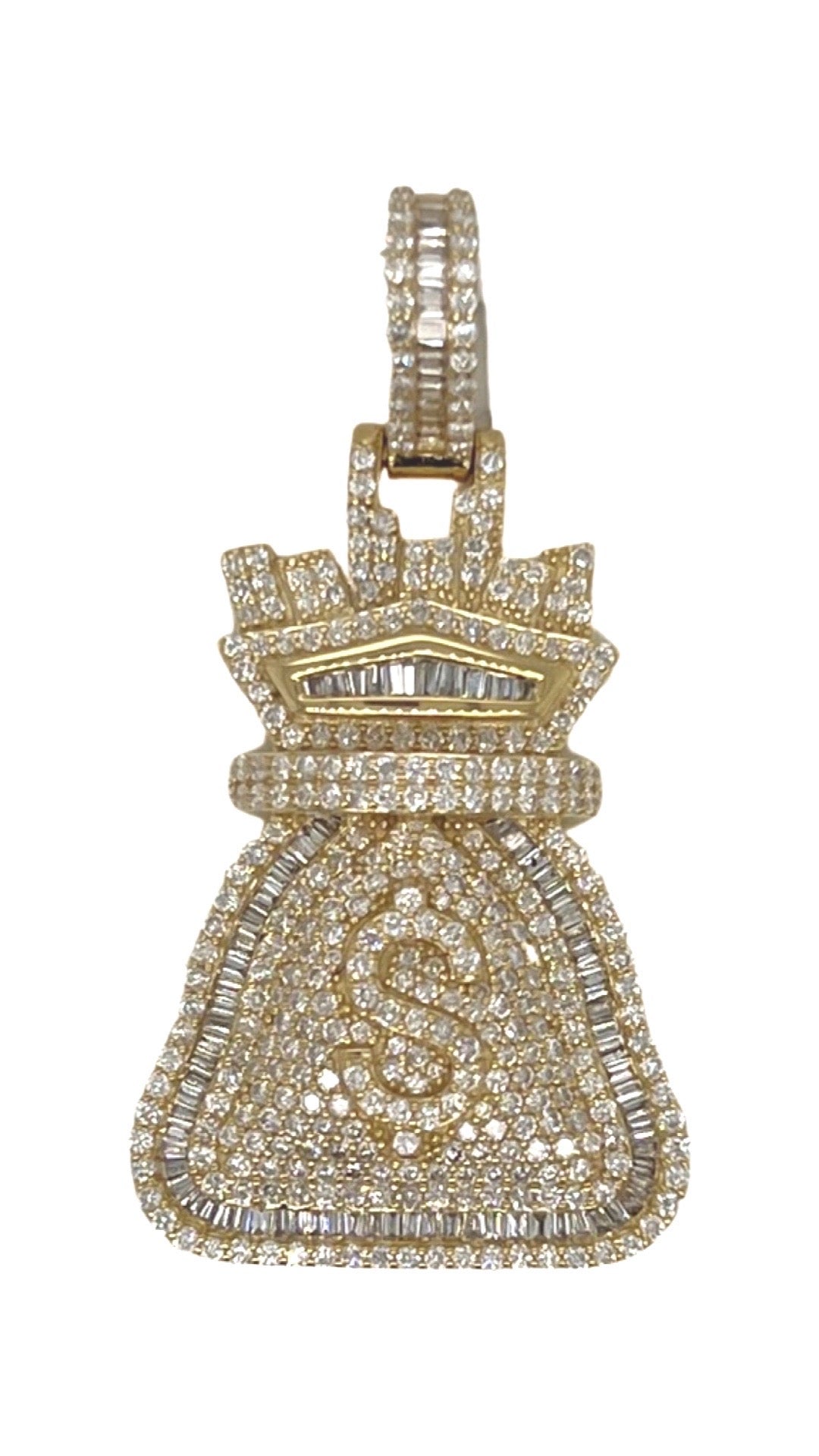 10K Yellow Gold Moneybag $ Sign Baguette VS Diamond Pendant 2.43 CT 1.2"