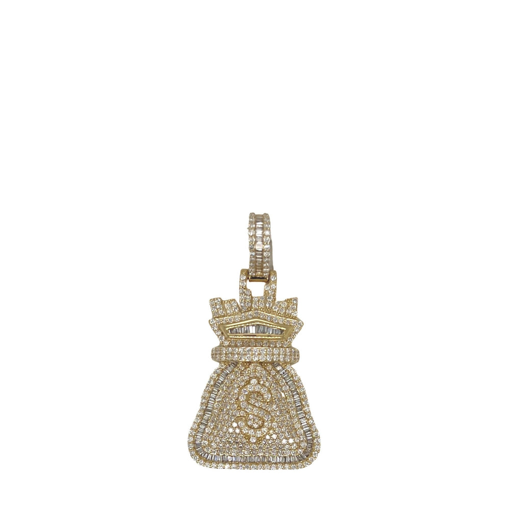 10K Yellow Gold Moneybag $ Sign Baguette VS Diamond Pendant 2.43 CT 1.2"
