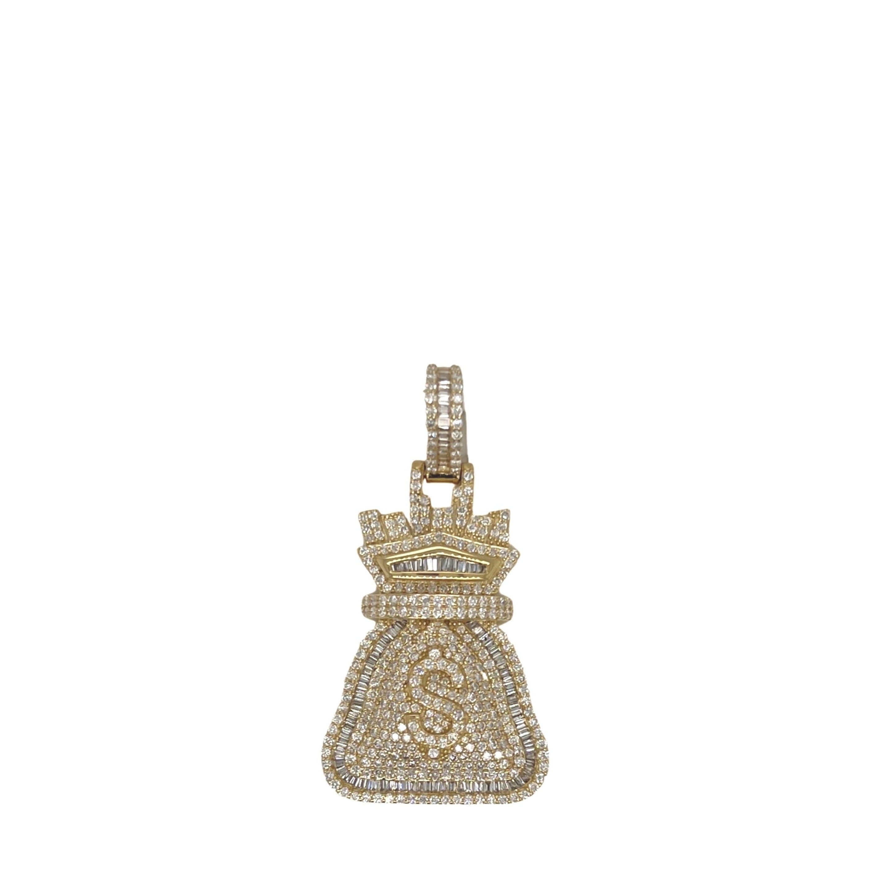 10K Yellow Gold Moneybag $ Sign Baguette VS Diamond Pendant 2.43 CT 1.2"