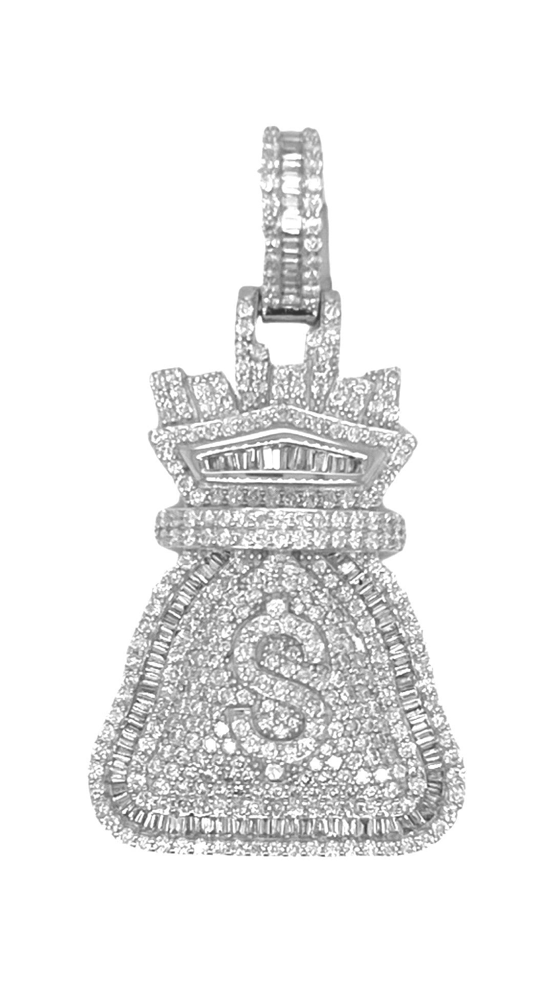 10K White Gold Moneybag $ Sign Baguette VS Diamond Pendant 2.16 CT 1.2"