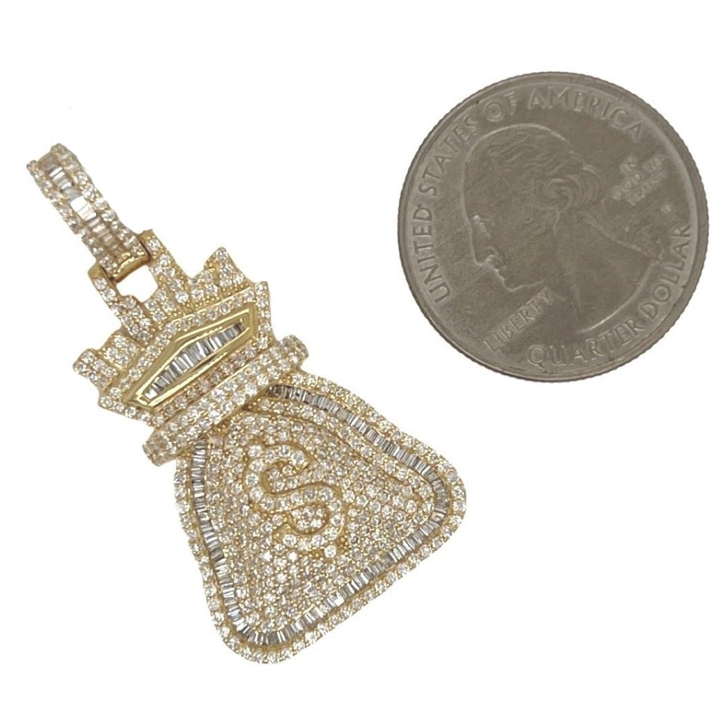 10K Yellow Gold Moneybag $ Sign Baguette VS Diamond Pendant 2.43 CT 1.2"