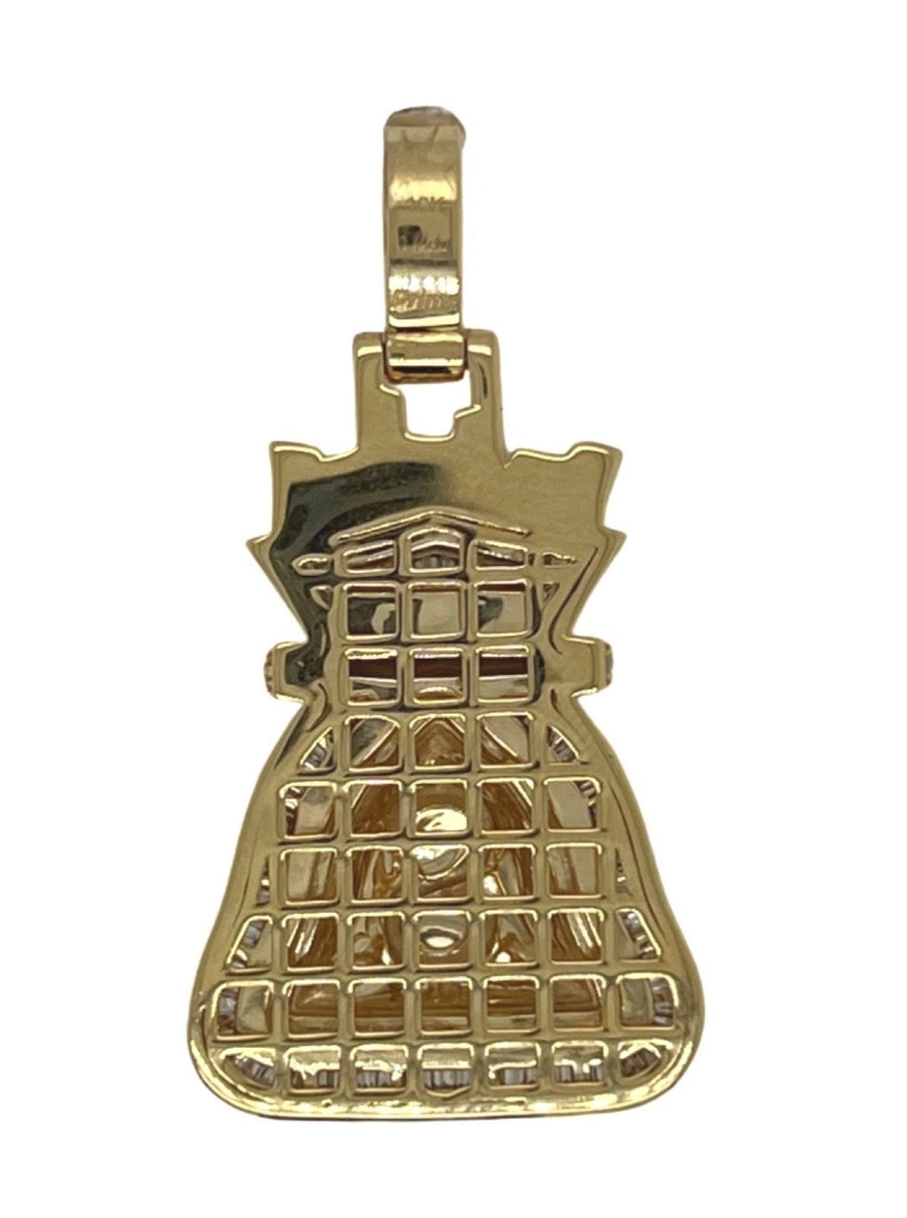 10K Yellow Gold Moneybag $ Sign Baguette VS Diamond Pendant 2.43 CT 1.2"