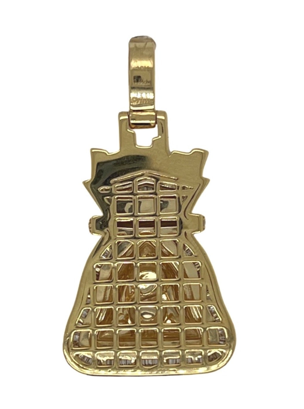 10K Yellow Gold Moneybag $ Sign Baguette VS Diamond Pendant 2.43 CT 1.2"