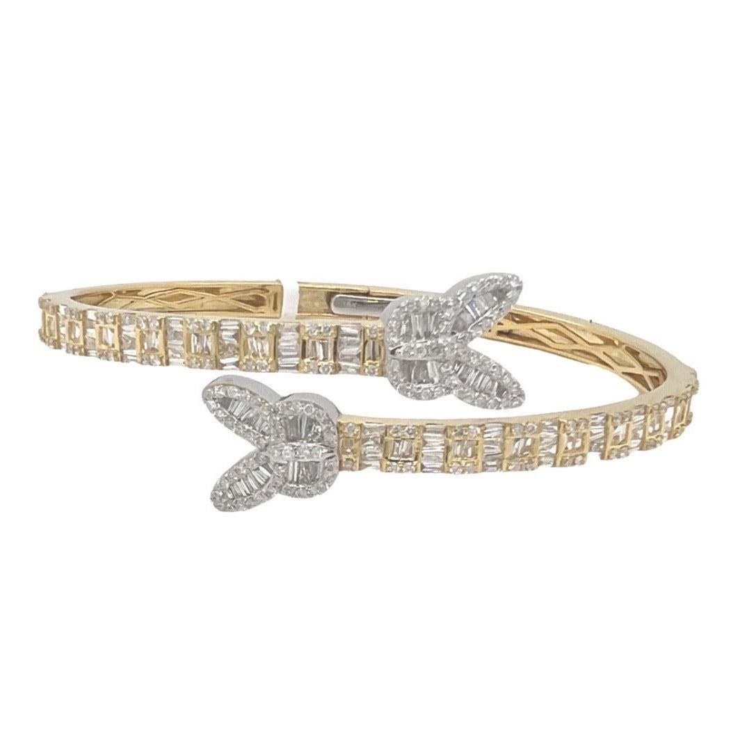 10K Yellow White Gold Designer Butterfly Baguette Diamond Bangle Bracelet 2.69 CT 7.5