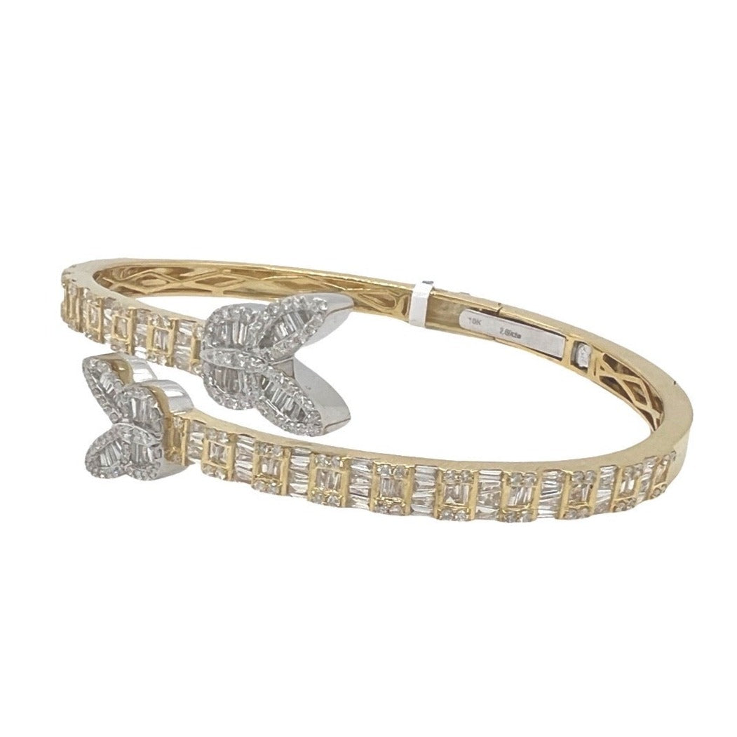 10K Yellow White Gold Designer Butterfly Baguette Diamond Bangle Bracelet 2.69 CT 7.5"