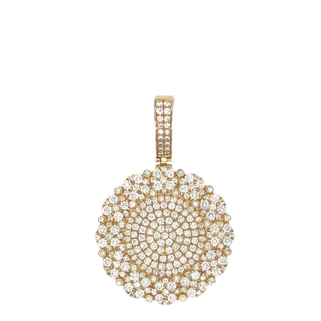 14K Yellow Gold Round Cluster VS Diamond Pendant 2.5 CT 1.6"