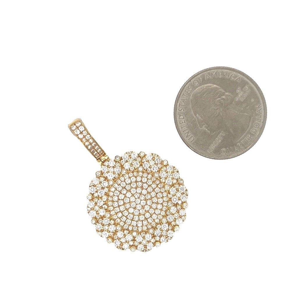 14K Yellow Gold Round Cluster VS Diamond Pendant 2.5 CT 1.6"