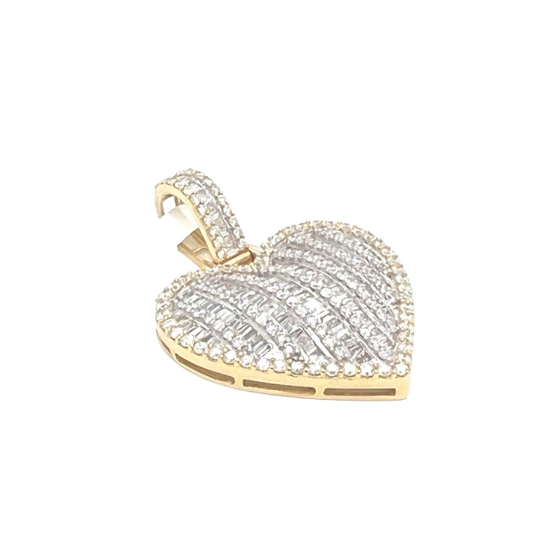 10K Yellow Gold Heart Baguette VS Diamond Pendant 3.96 CT 1.7"