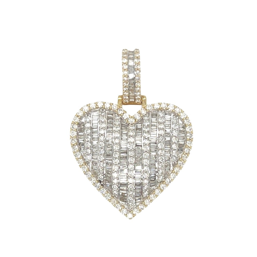10K Yellow Gold Heart Baguette VS Diamond Pendant 3.96 CT 1.7"