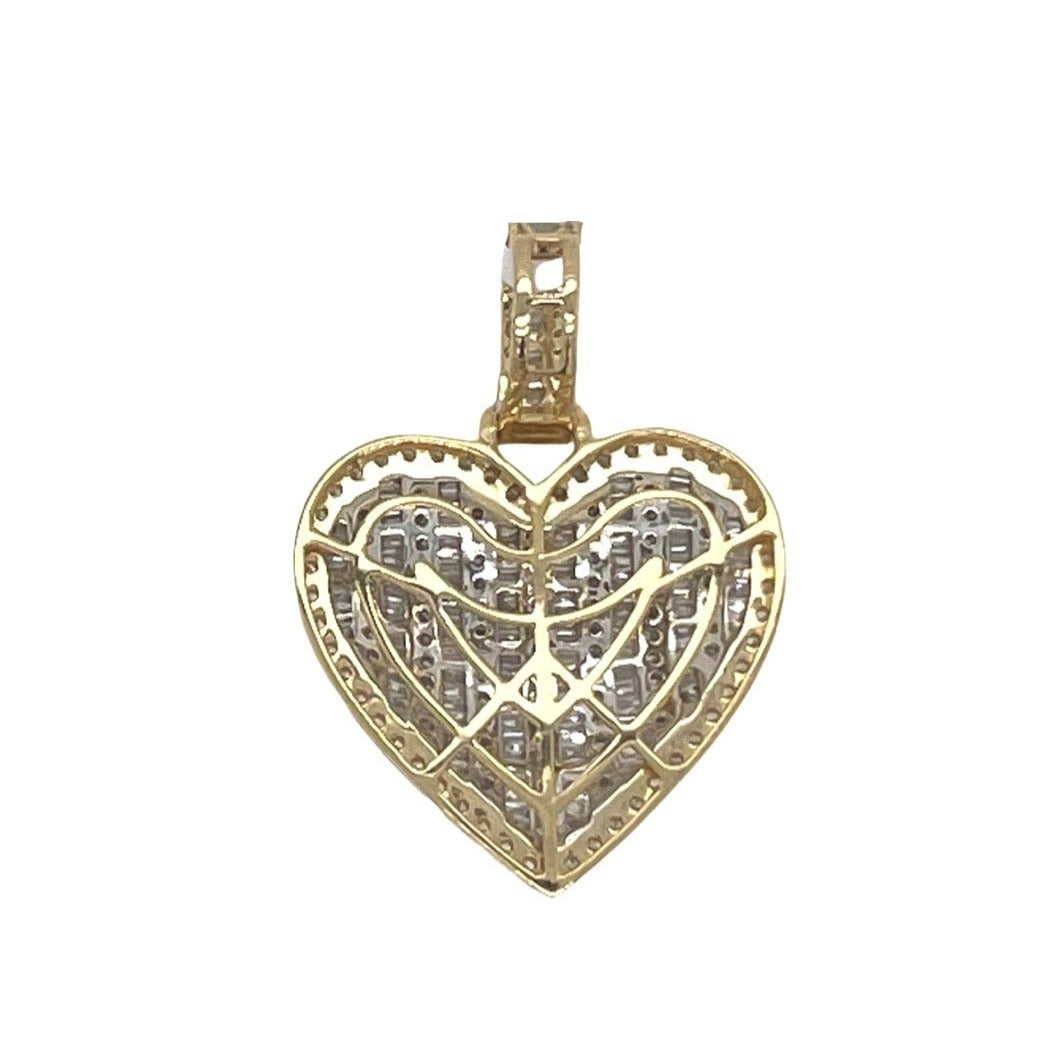 10K Yellow Gold Heart Baguette VS Diamond Pendant 3.96 CT 1.7"