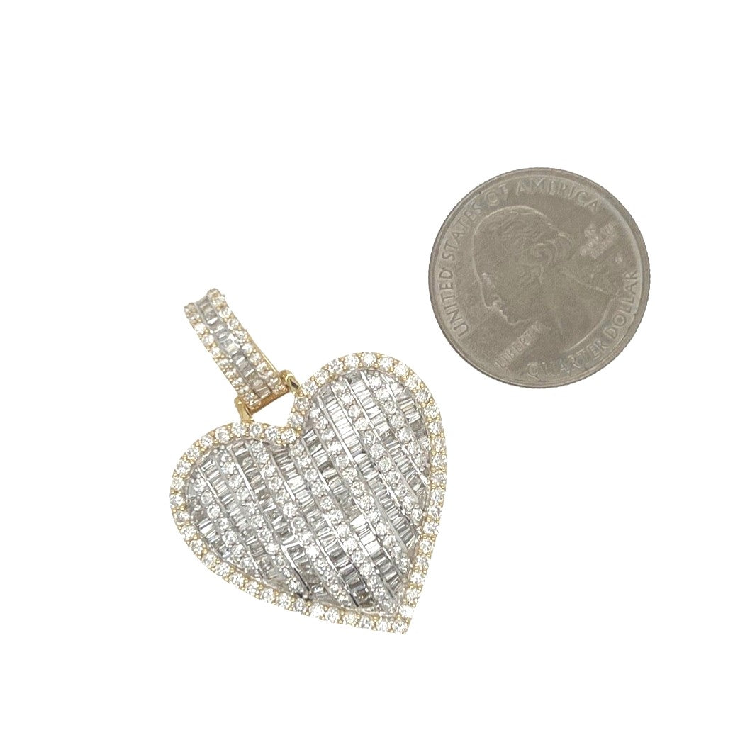 10K Yellow Gold Heart Baguette VS Diamond Pendant 3.96 CT 1.7"