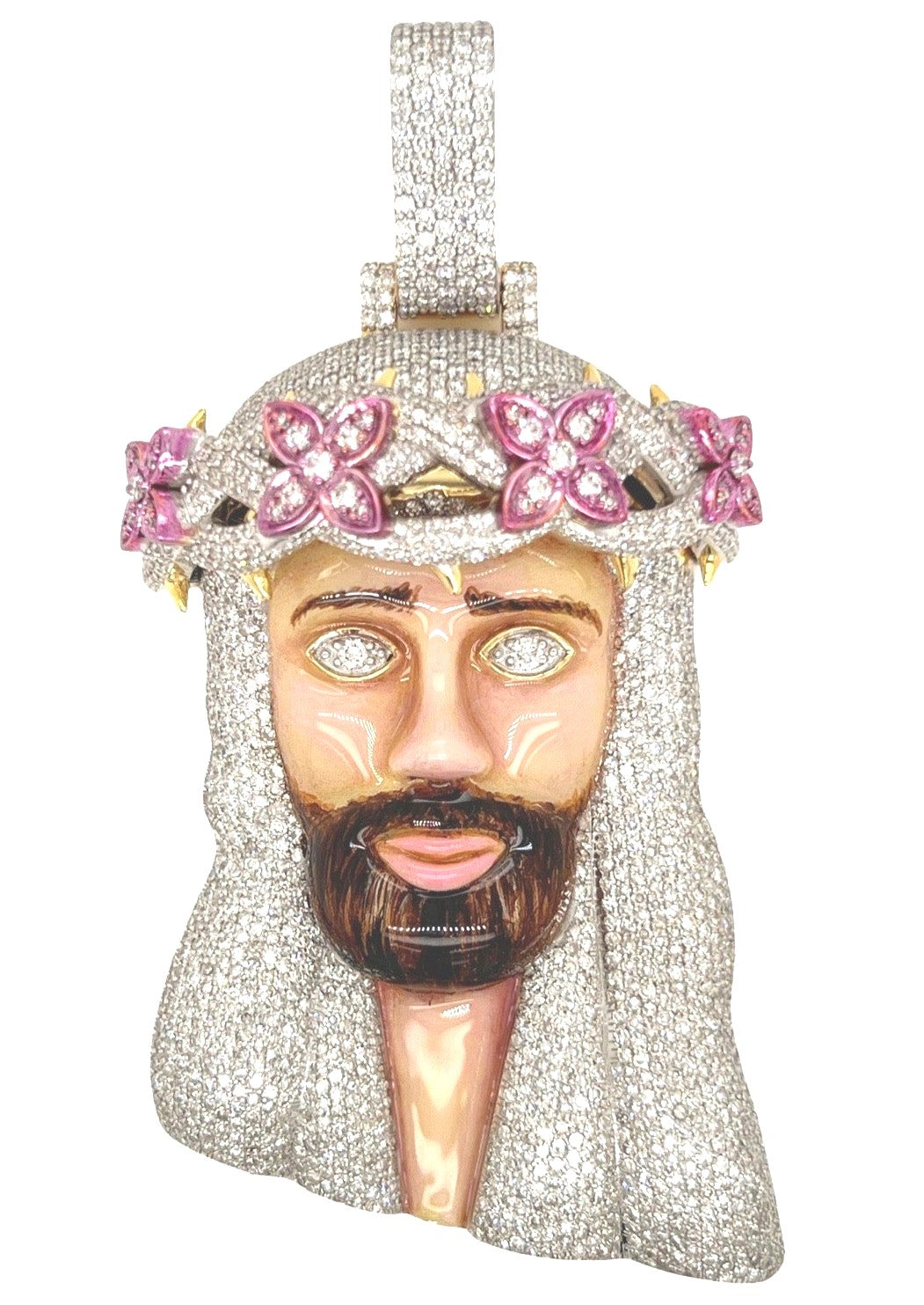 10K Yellow Gold Enamel XL Crown Jesus Head VS Diamond Pendant 12.01 CT 3.5"