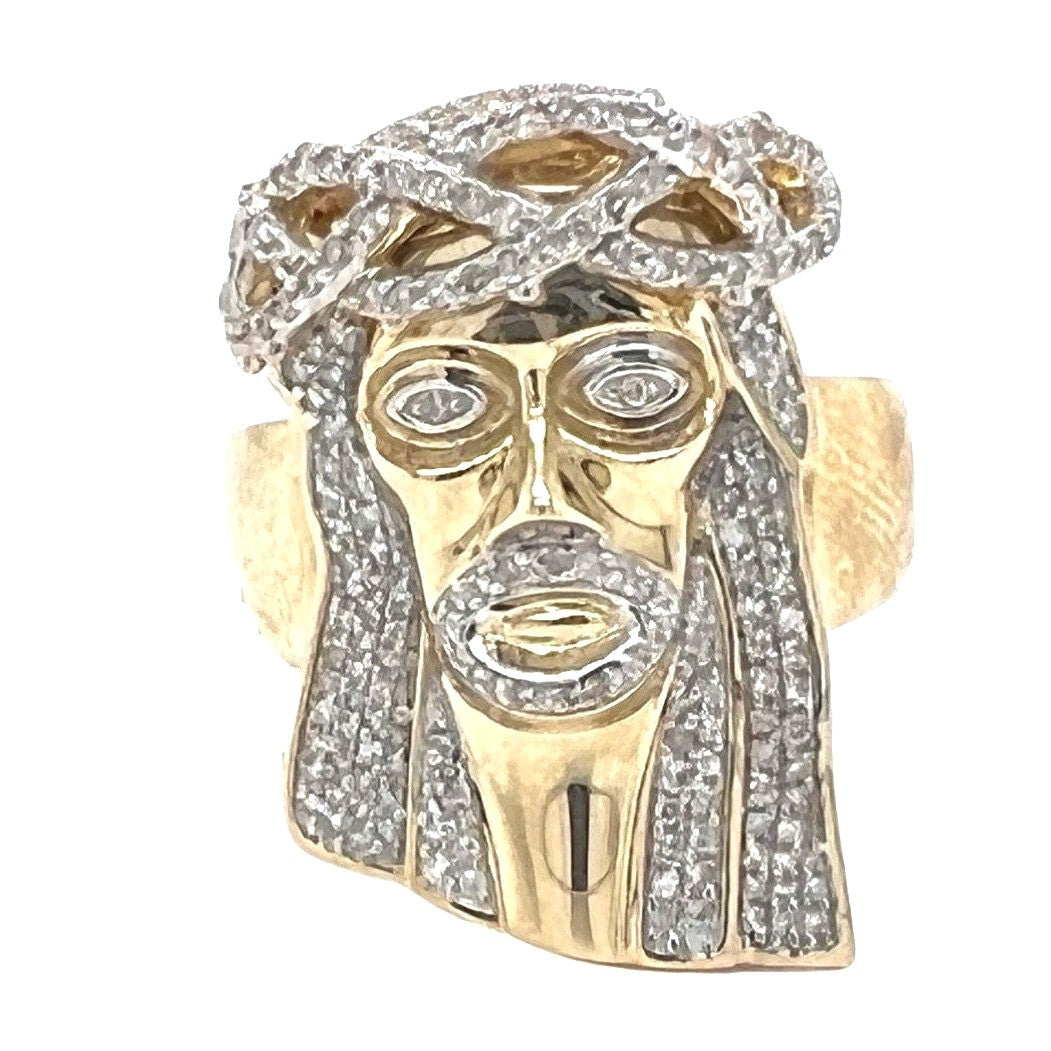 Mens 10K Yellow Gold 27.5MM Jesus Head Diamond Ring 0.85 CT