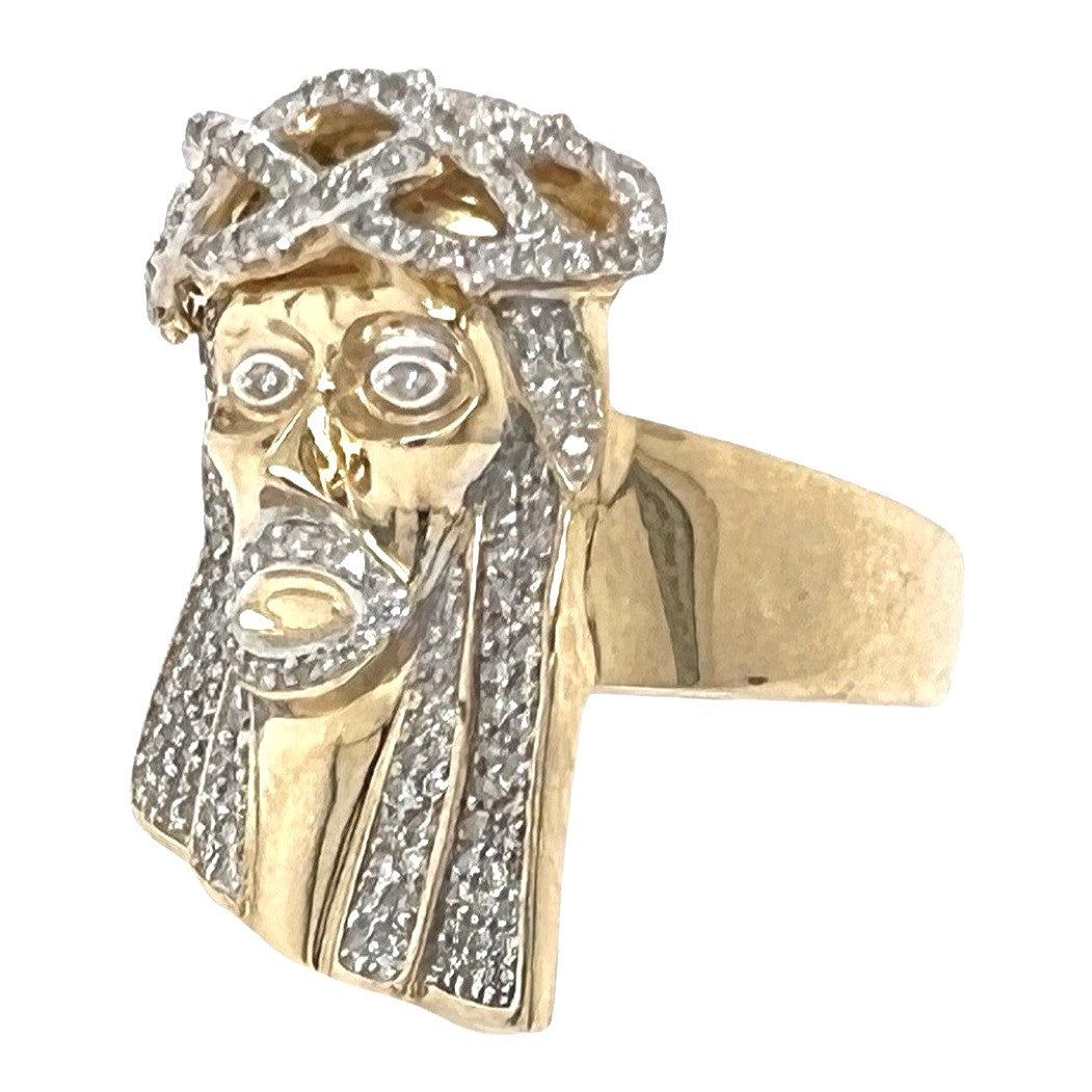 Mens 10K Yellow Gold 27.5MM Jesus Head Diamond Ring 0.85 CT