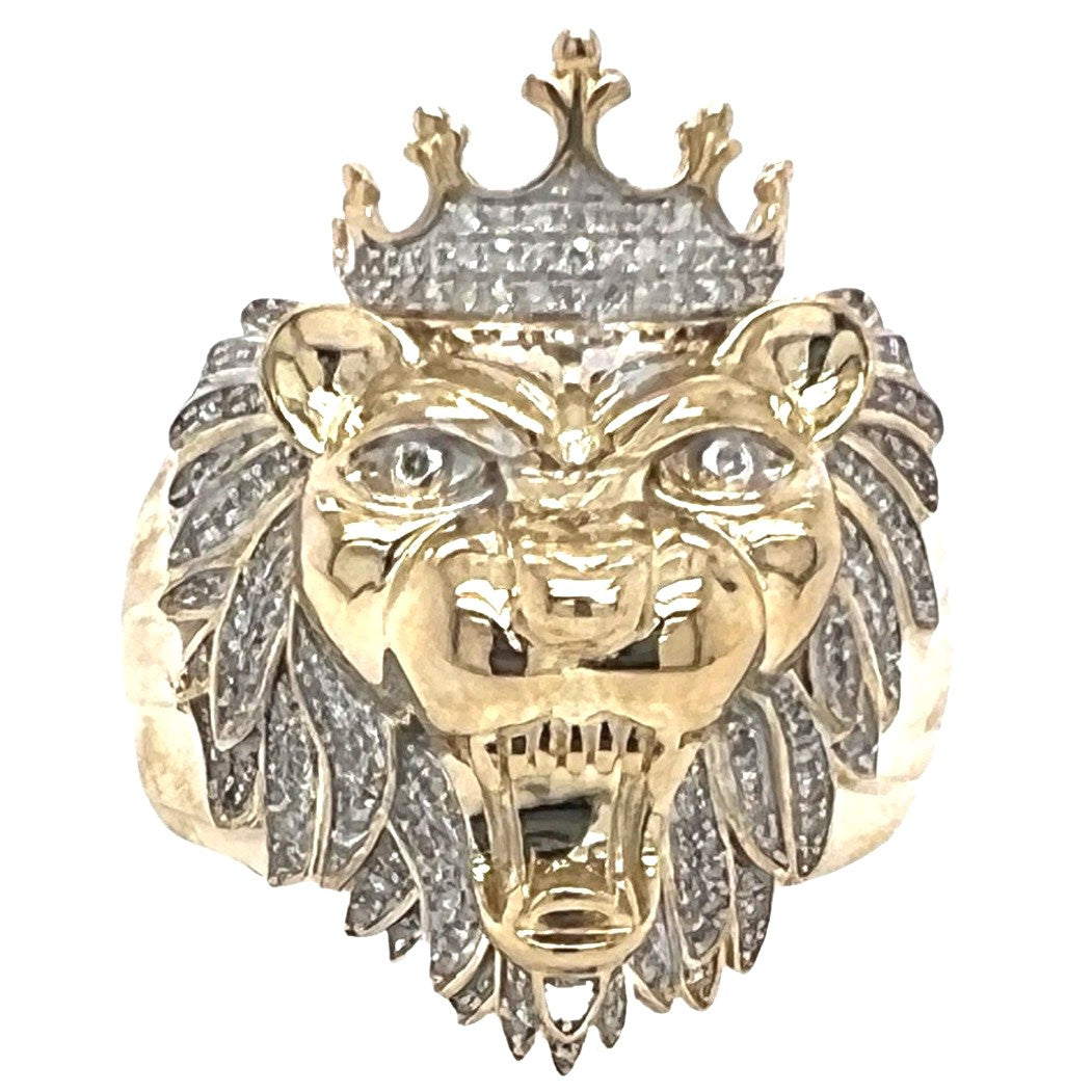 Mens 10K Yellow Gold 28MM King Lion Head Diamond Ring 0.50 CT