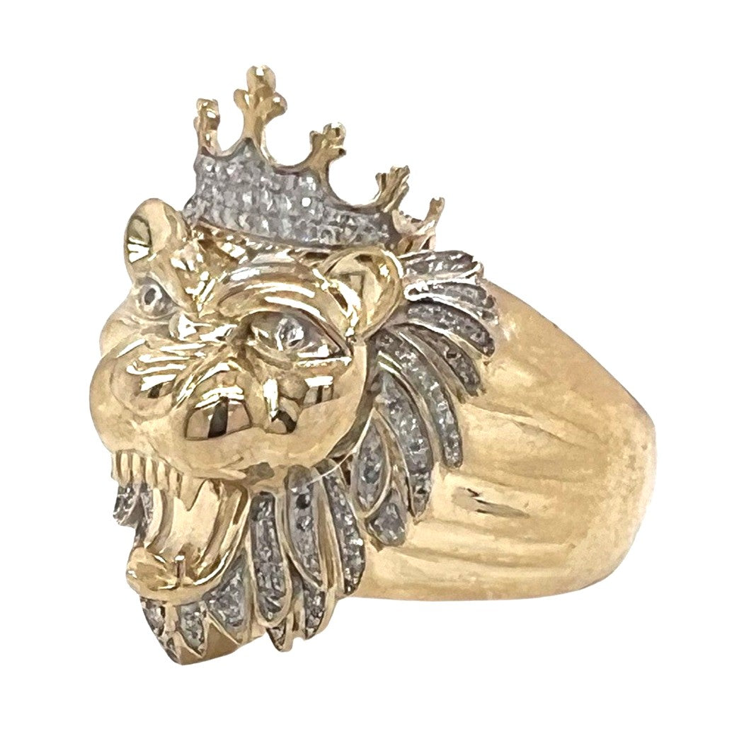 Mens 10K Yellow Gold 28MM King Lion Head Diamond Ring 0.50 CT