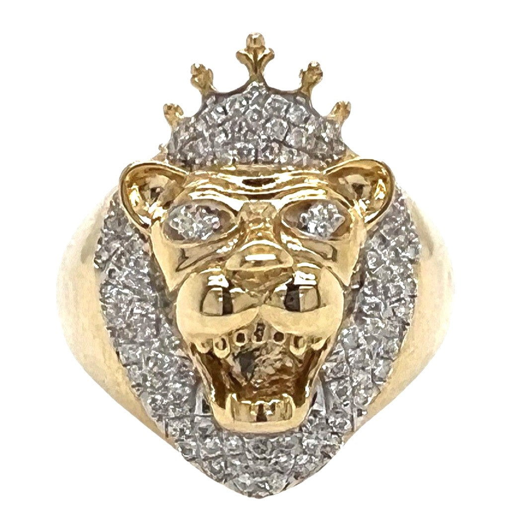 Mens 14K Yellow Gold 25MM King Lion Head Diamond Ring 0.65 CT