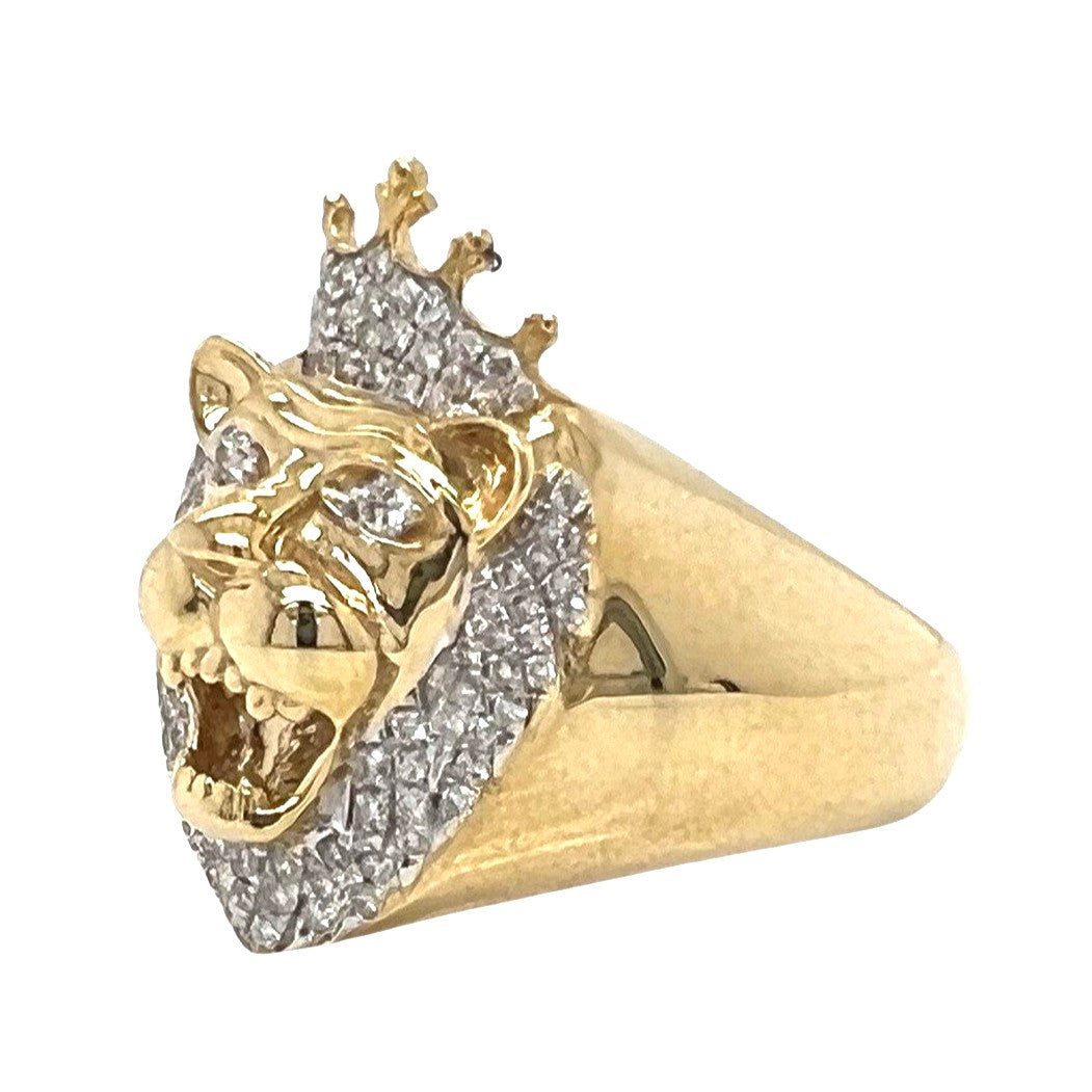 Mens 14K Yellow Gold 25MM King Lion Head Diamond Ring 0.65 CT
