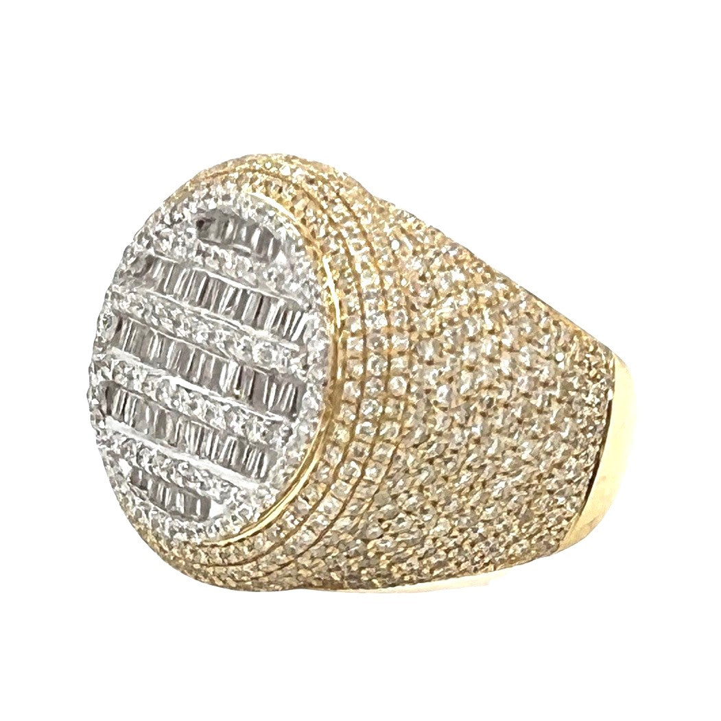 Mens 14K Yellow Gold 22MM Round 3D Baguette VS Diamond Ring 4.5 CT