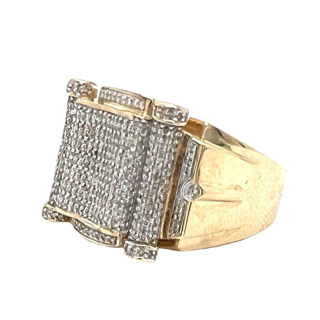 Mens 10K Yellow Gold 17.5MM Statement Pave Diamond Ring 1.0 CT