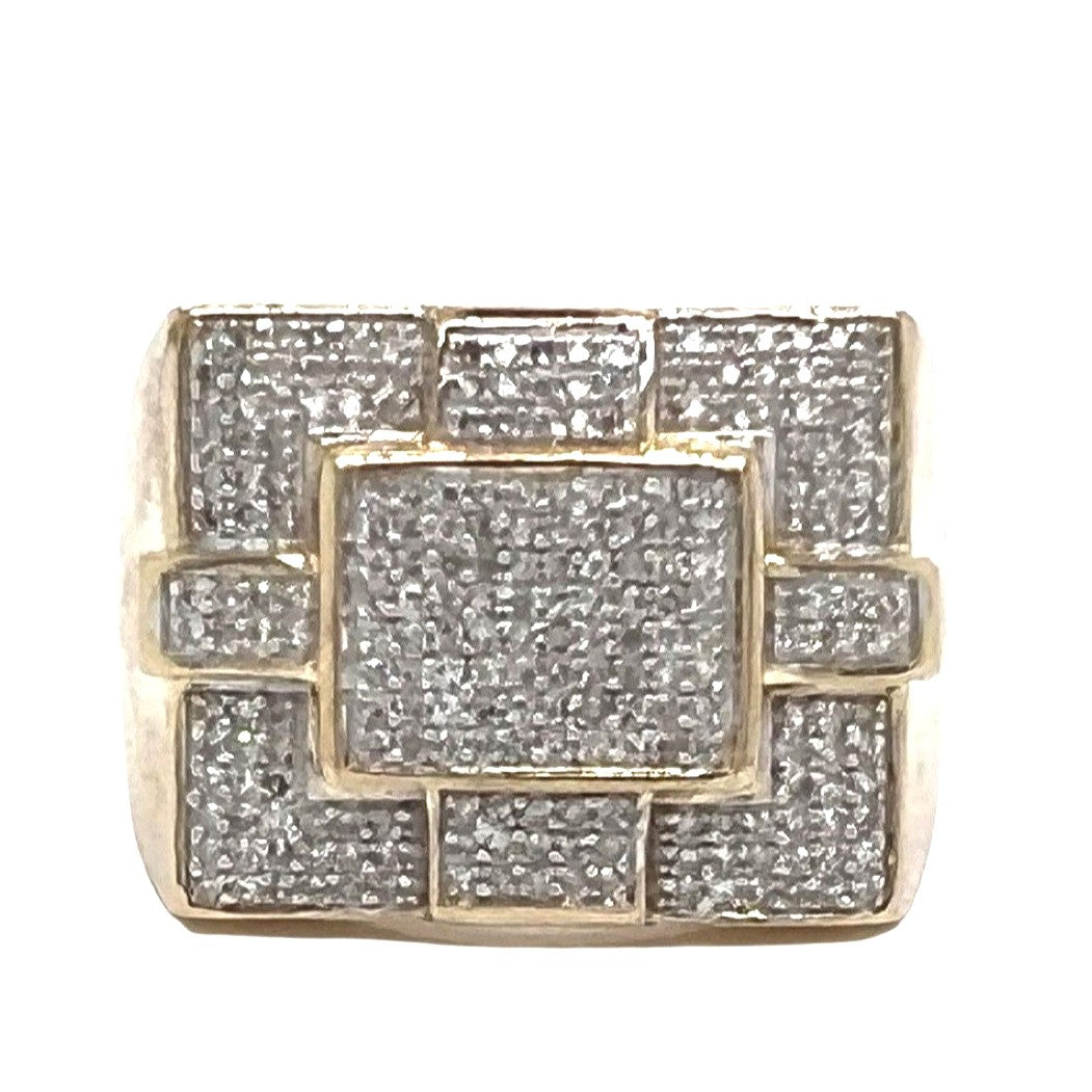 Mens 10K Yellow Gold 15MM Square Statement Pave Diamond Ring 0.50 CT