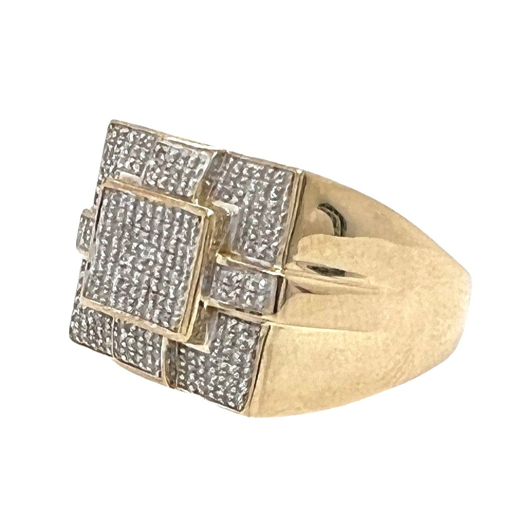 Mens 10K Yellow Gold 15MM Square Statement Pave Diamond Ring 0.50 CT