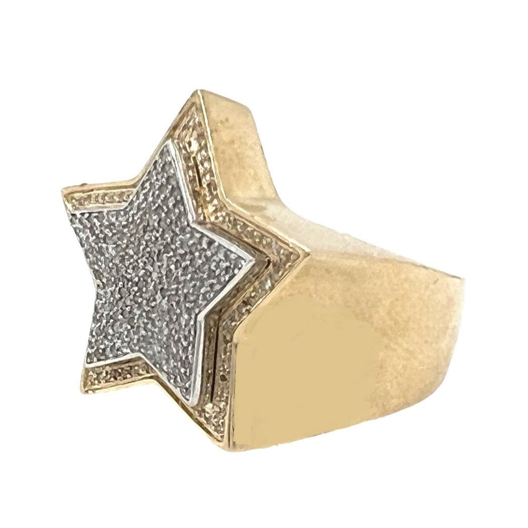 Mens 10K Yellow Gold 25MM 3D Super Star Pave Diamond Ring 0.55 CT