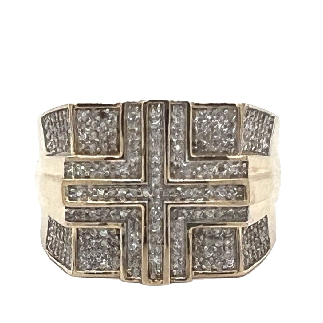 Mens 10K Yellow Gold 15MM Layered Cross Pave Diamond Ring 0.50 CT