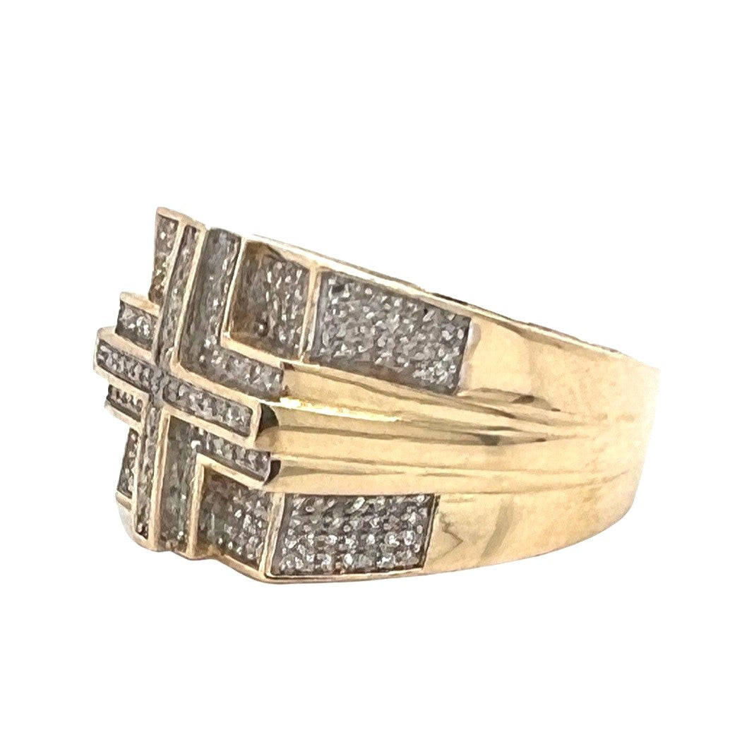 Mens 10K Yellow Gold 15MM Layered Cross Pave Diamond Ring 0.50 CT