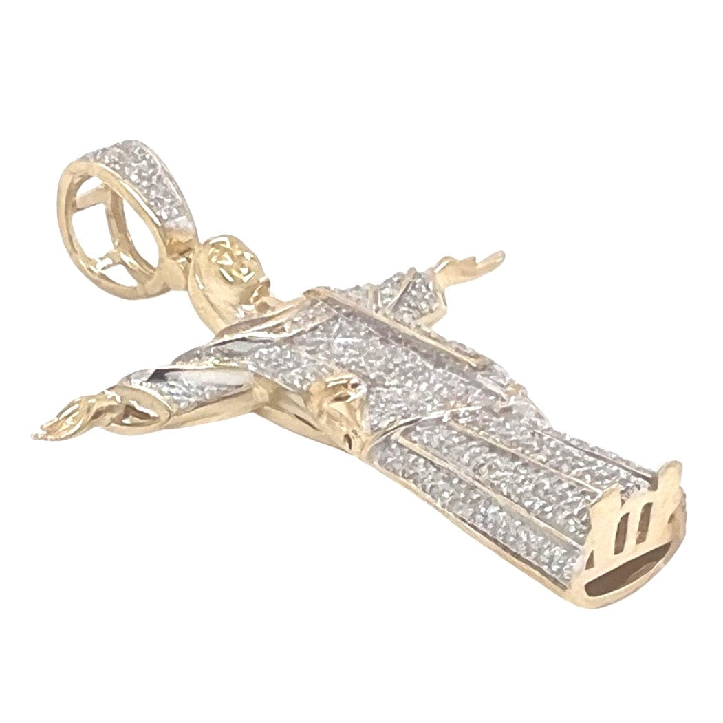 10K Yellow Gold Brazilian Jesus "Christ the Redeemer" Diamond Pendant 0.80 CT 2.1"