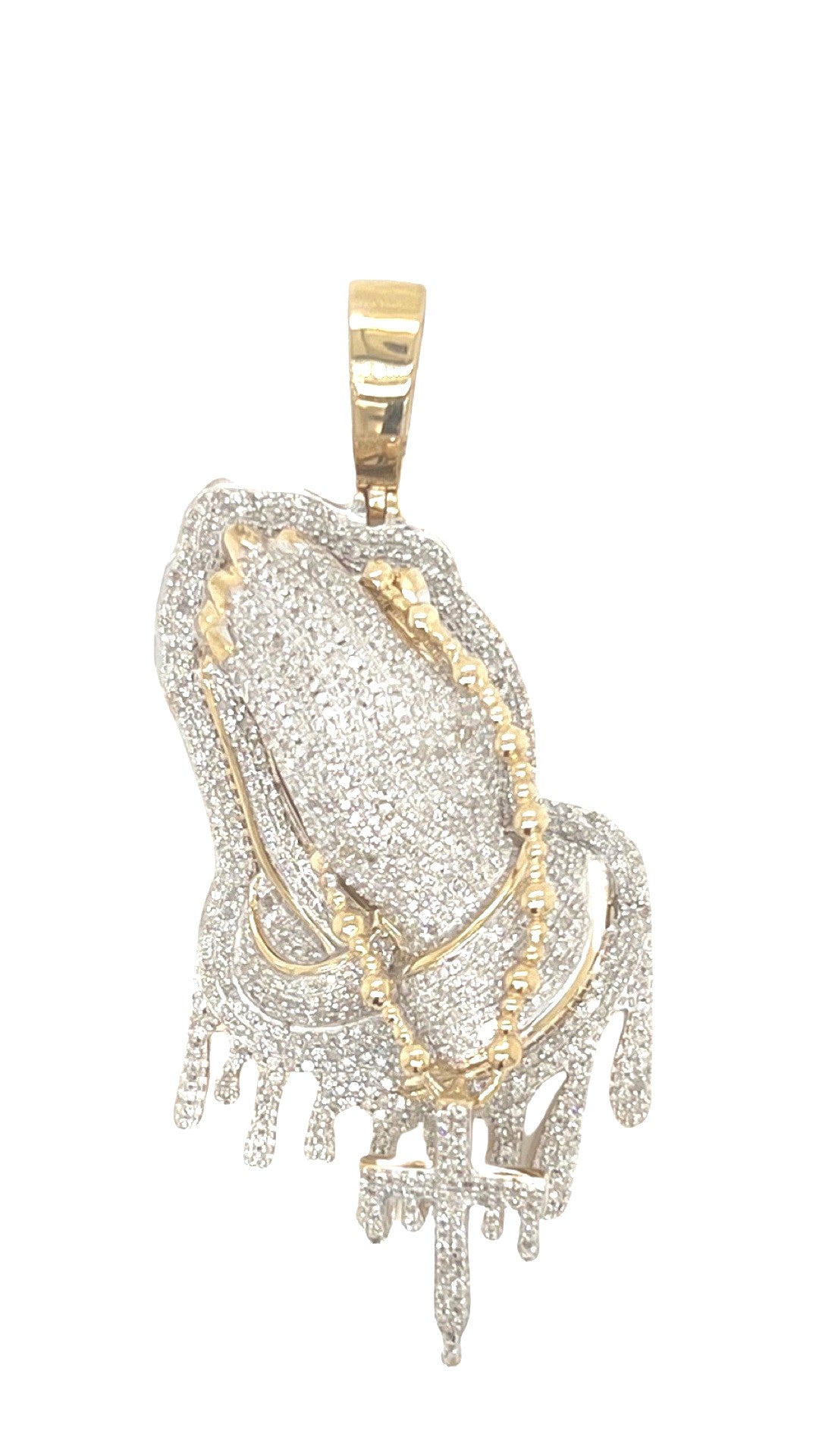 10K Yellow Gold Dripping Praying Hands with Rosary Diamond Pendant 1.15 CT 2"