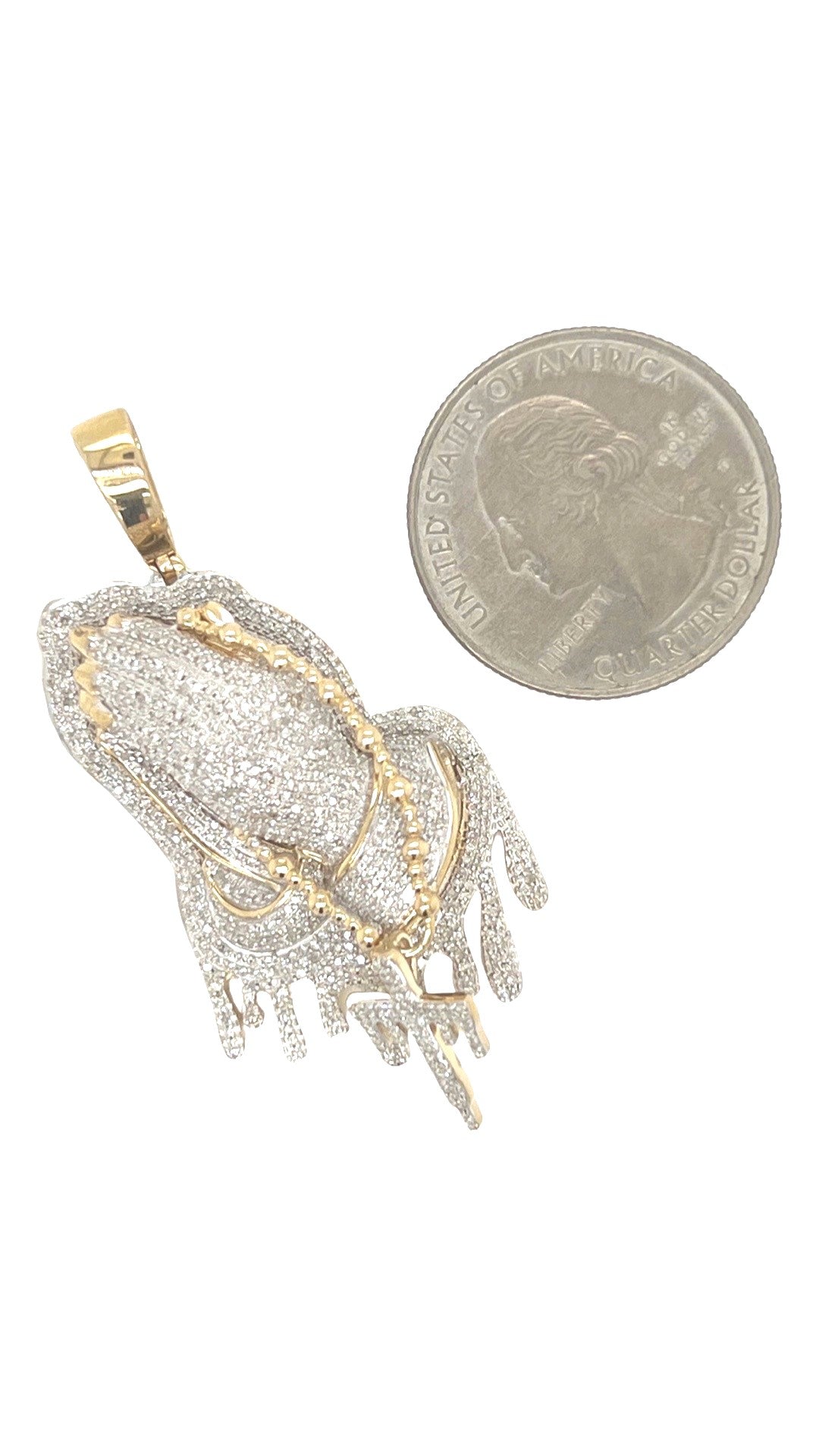 10K Yellow Gold Dripping Praying Hands with Rosary Diamond Pendant 1.15 CT 2"