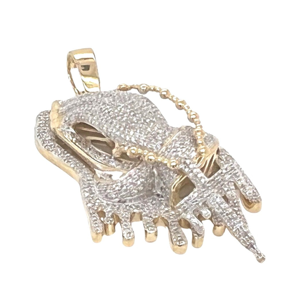 10K Yellow Gold Dripping Praying Hands with Rosary Diamond Pendant 1.15 CT 2"