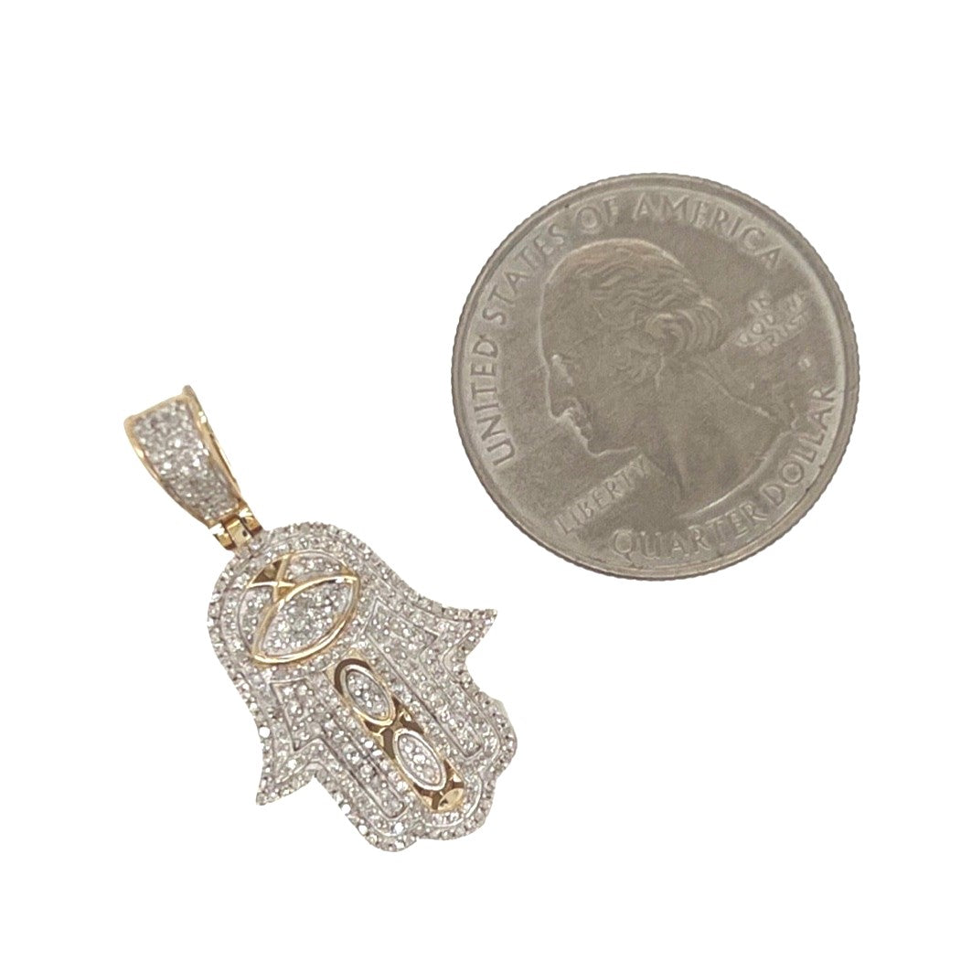 10K Yellow Gold Evil Eye Hamsa Diamond Pendant 0.45 CT 1.25"