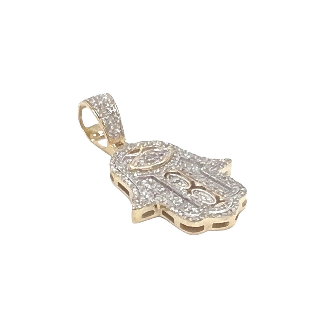 10K Yellow Gold Evil Eye Hamsa Diamond Pendant 0.45 CT 1.25"