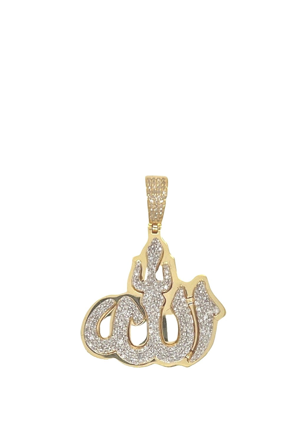 10K Yellow Gold Muslim Arabic 3D Allah Diamond Pendant 0.65 CT 1.3"