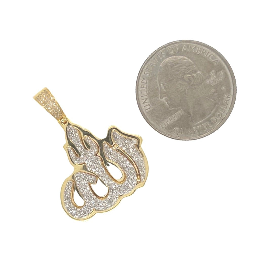 10K Yellow Gold Muslim Arabic 3D Allah Diamond Pendant 0.65 CT 1.3"
