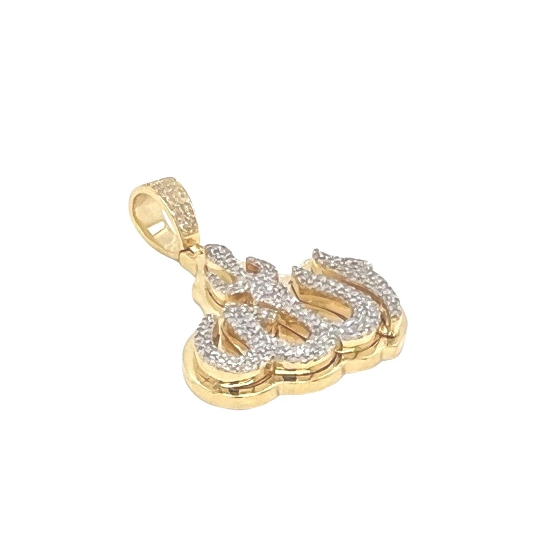 10K Yellow Gold Muslim Arabic 3D Allah Diamond Pendant 0.65 CT 1.3"