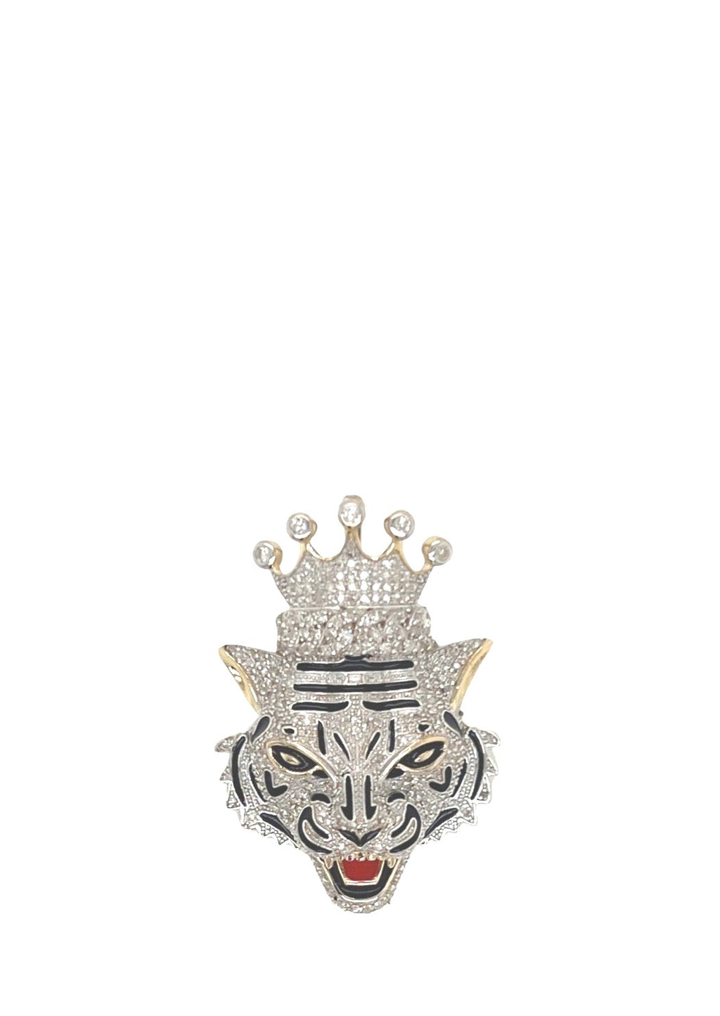 10K Yellow Gold Crown Tiger Head Diamond Pendant 0.80 CT 1.25"
