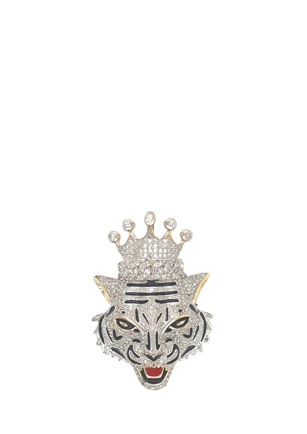 10K Yellow Gold Crown Tiger Head Diamond Pendant 0.80 CT 1.25"