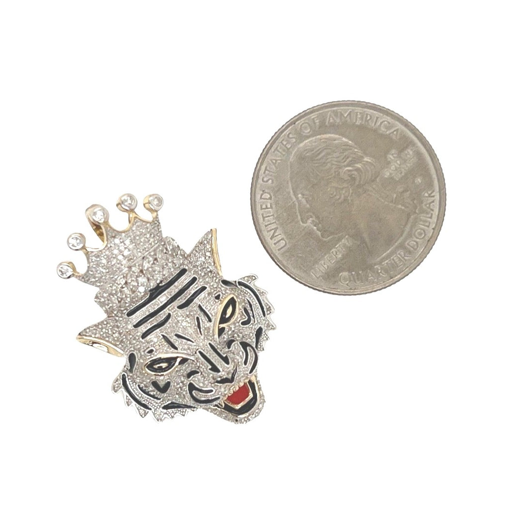 10K Yellow Gold Crown Tiger Head Diamond Pendant 0.80 CT 1.25"