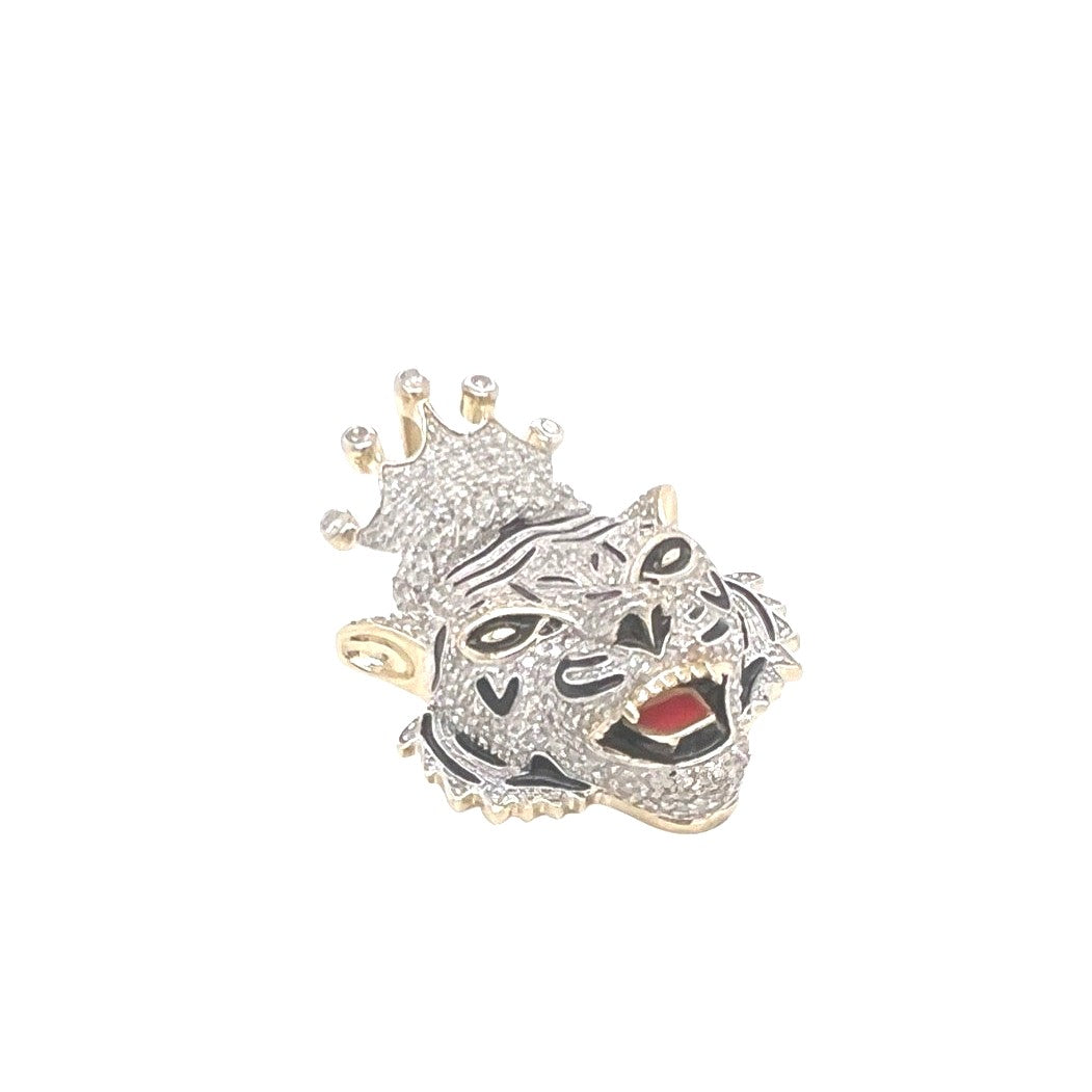 10K Yellow Gold Crown Tiger Head Diamond Pendant 0.80 CT 1.25"